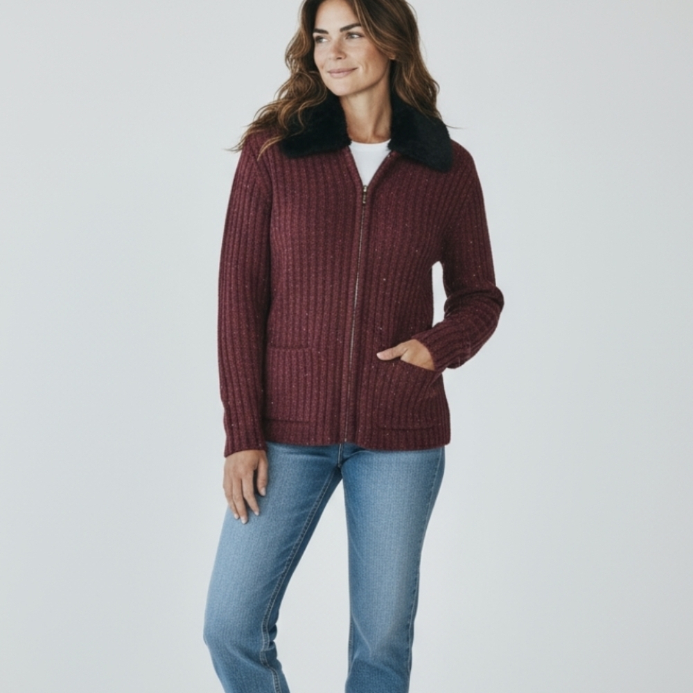 Vtg Burgundy Marled Ribbed Zip-Up Sweater Wool Blend Black Faux Fur Collar Sz S - Picture 6 of 8